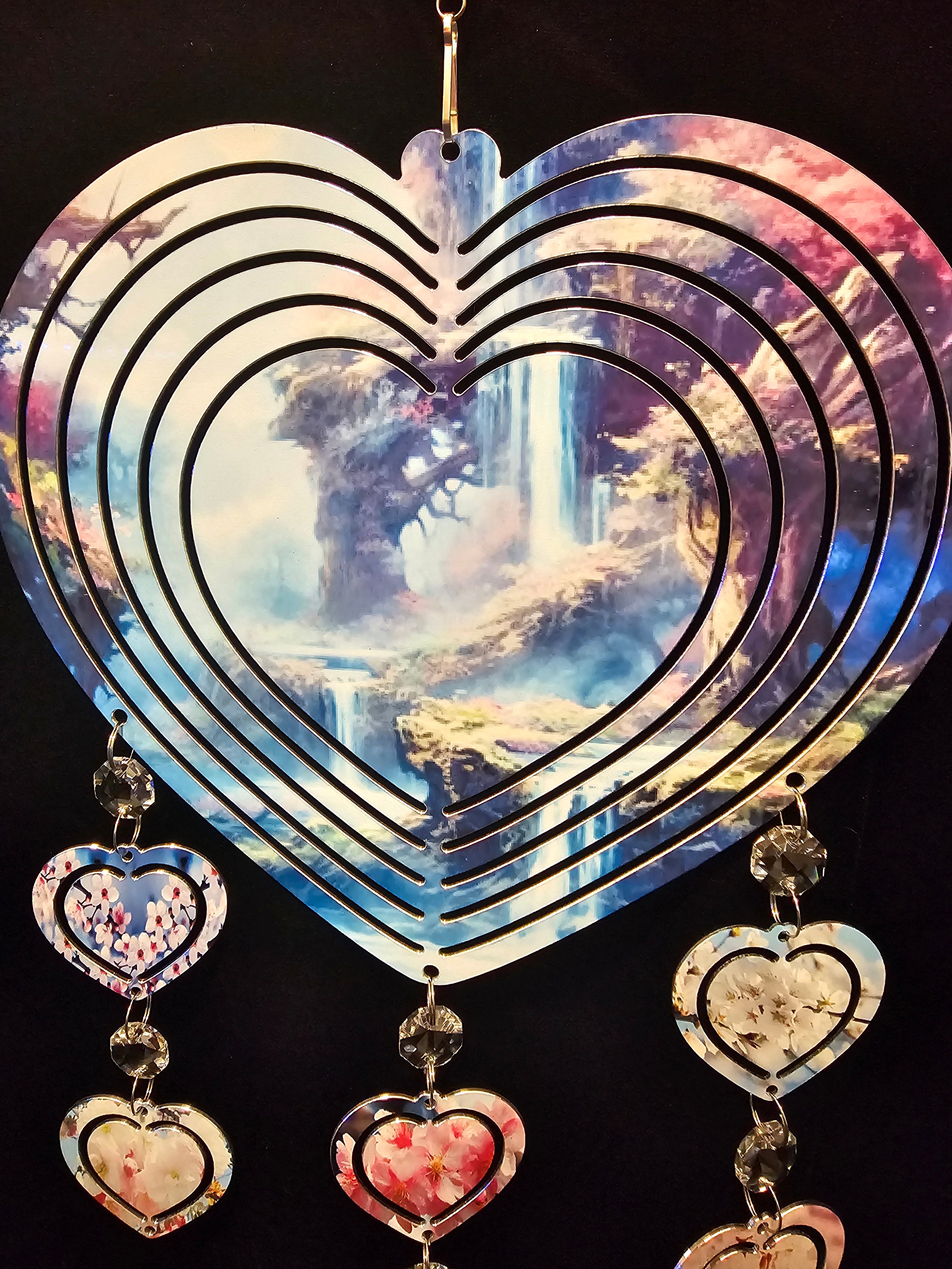 Heart Shaped Wind Spinner with Trees and Waterfalls
