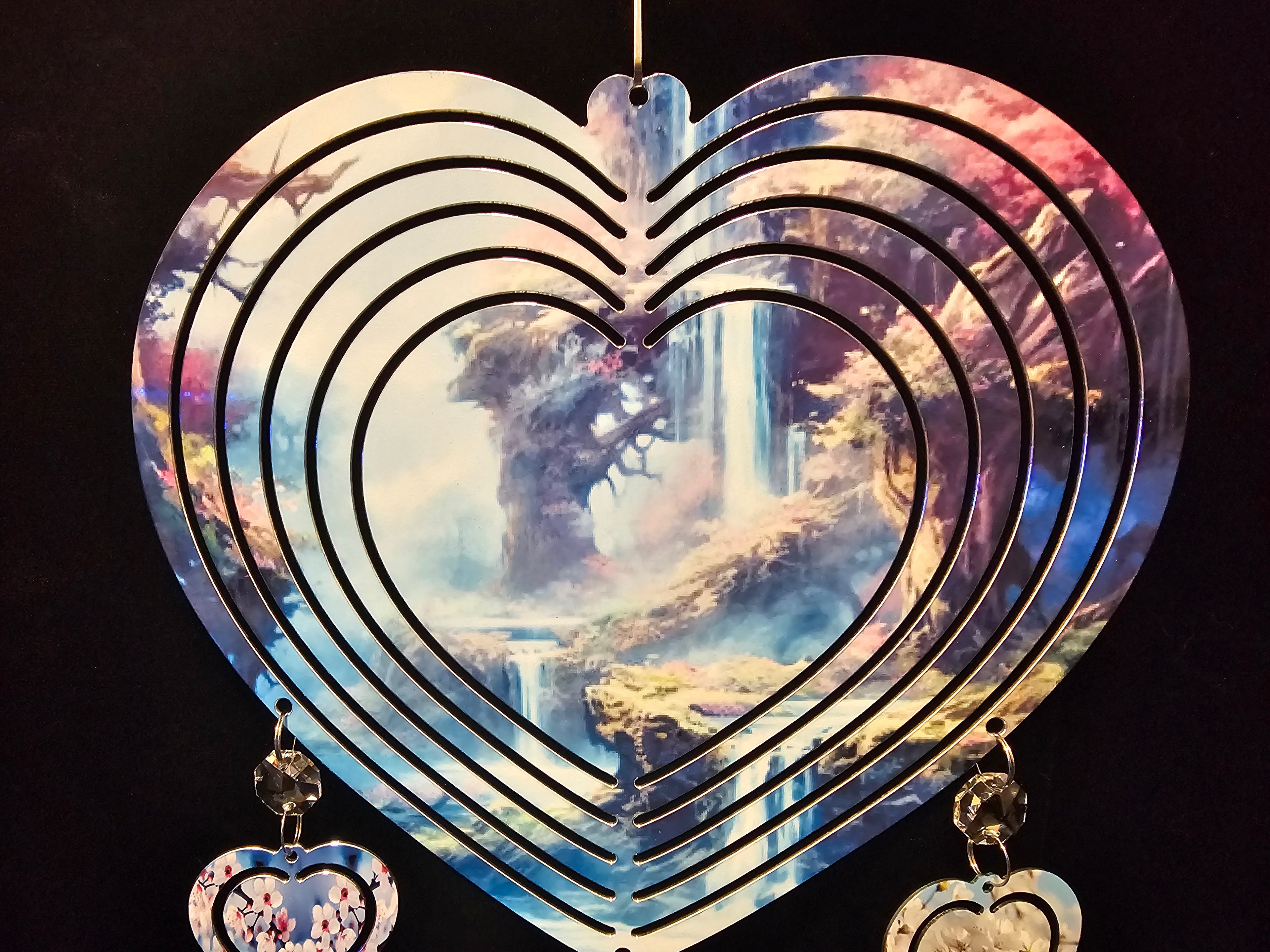 Heart Shaped Wind Spinner with Trees and Waterfalls