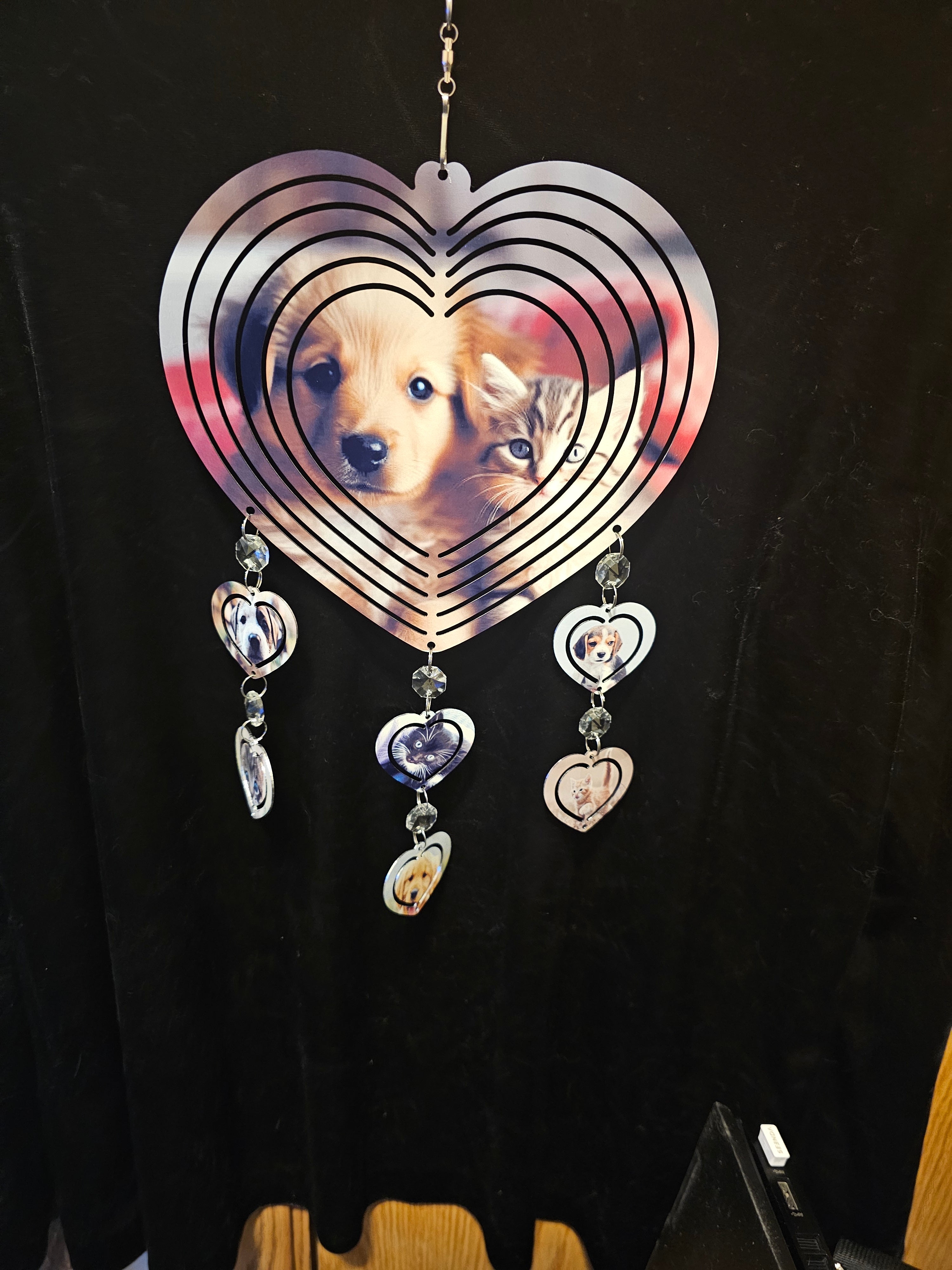 Heart Shaped Wind Spinner with a Puppy and a Kitten