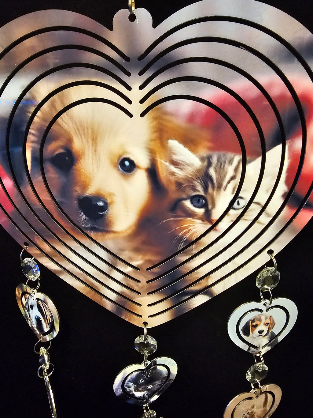 Heart Shaped Wind Spinner with a Puppy and a Kitten