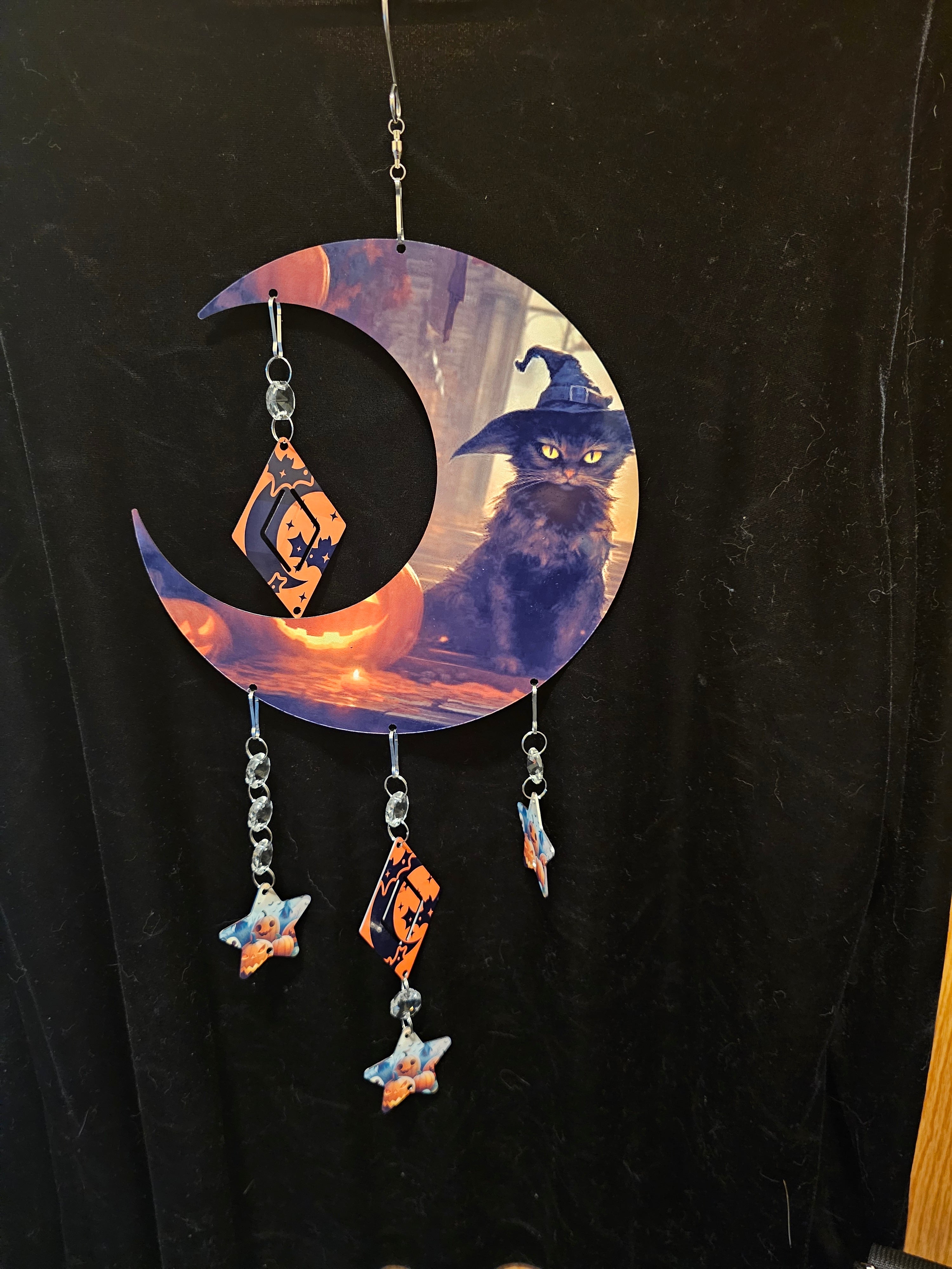 Moon Shaped Wind Spinner with Halloween Black Cat