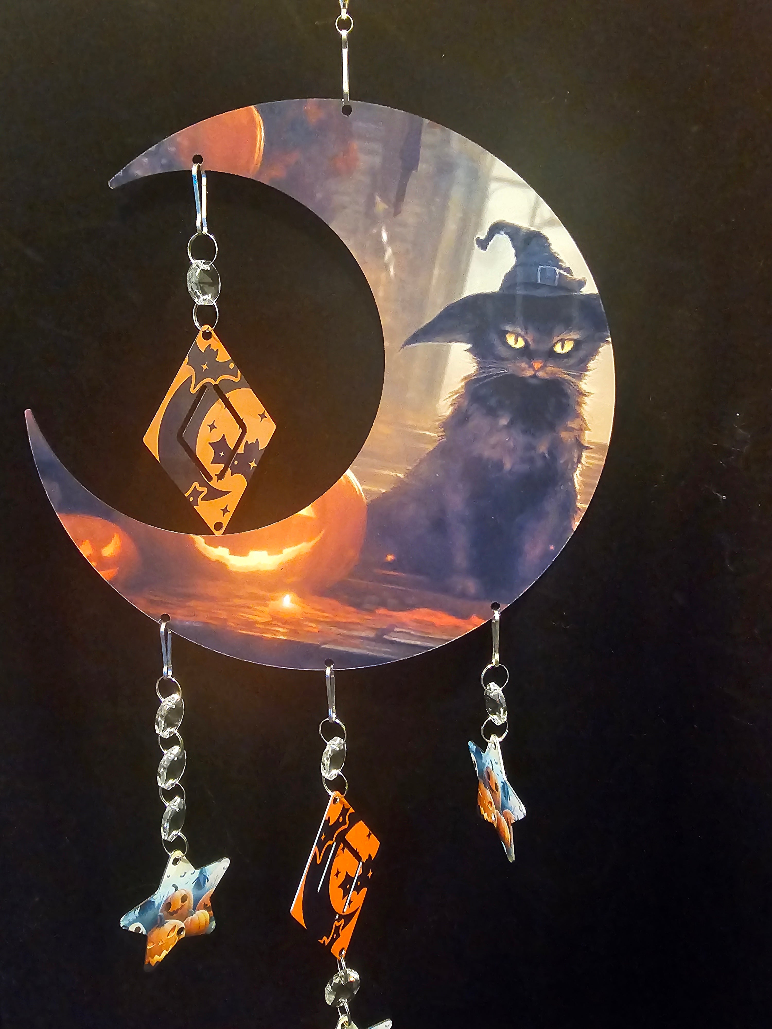Moon Shaped Wind Spinner with Halloween Black Cat