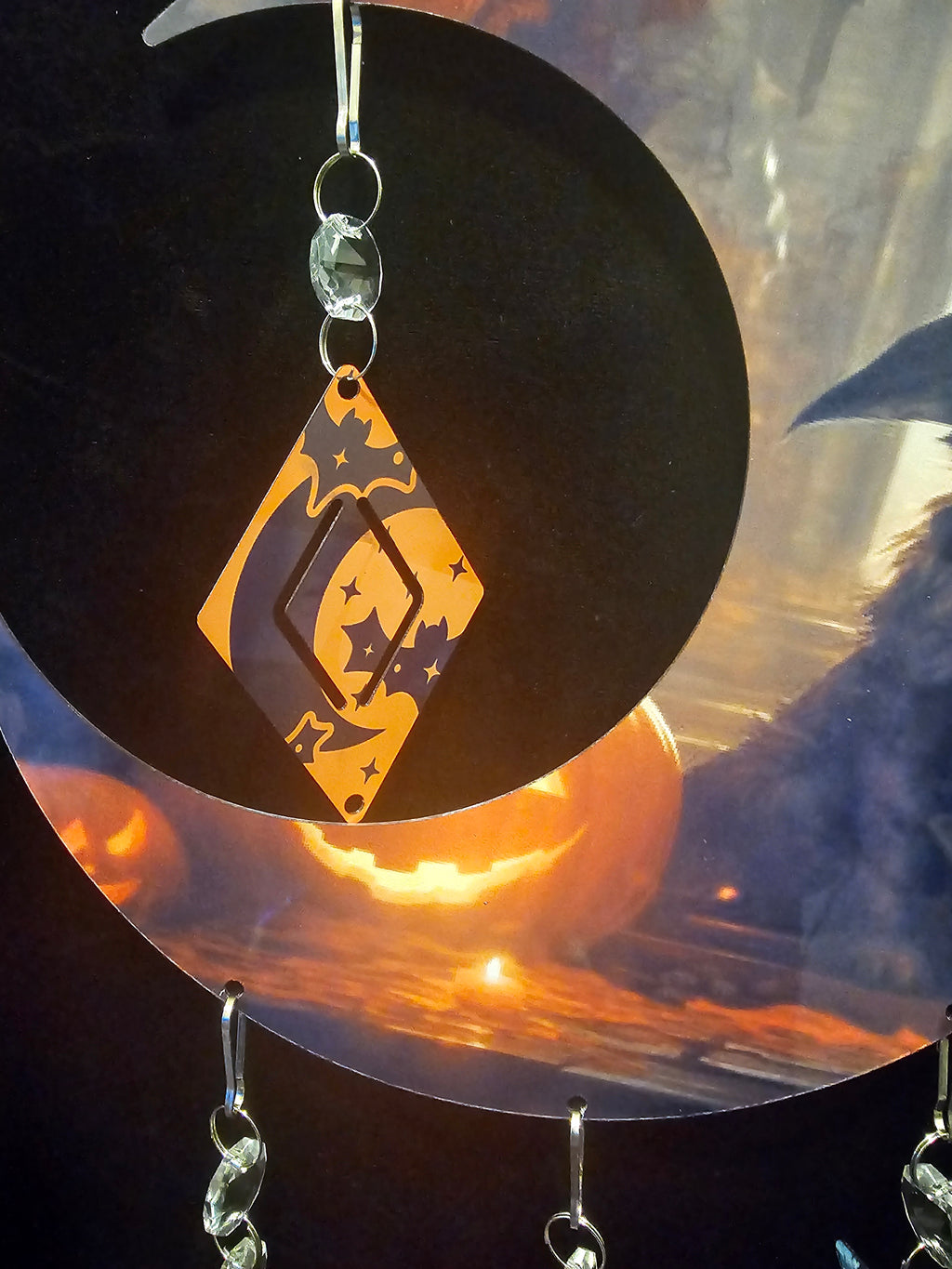 Moon Shaped Wind Spinner with Halloween Black Cat