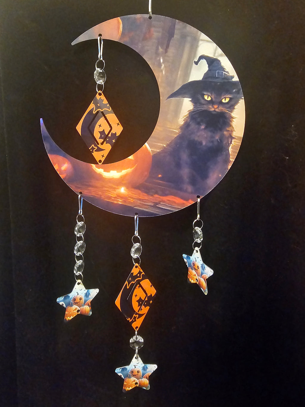 Moon Shaped Wind Spinner with Halloween Black Cat