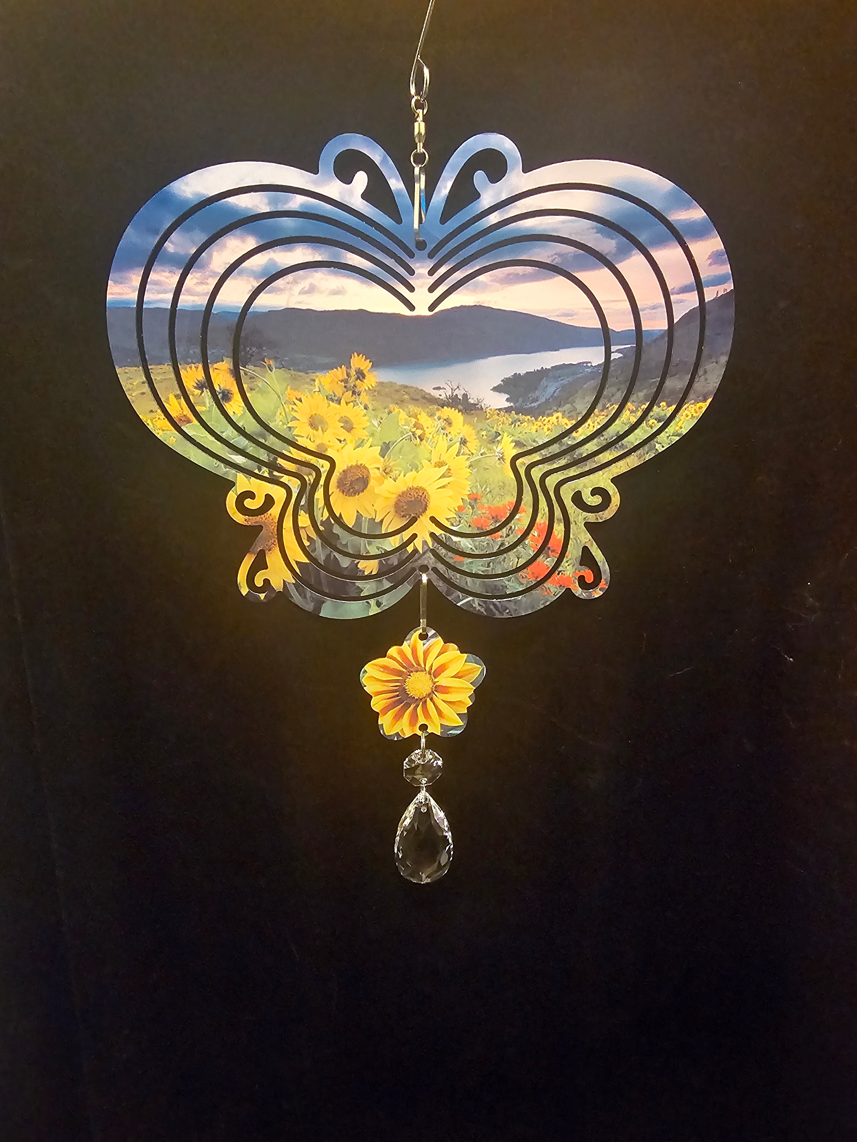 Butterfly Shaped Wind Spinner with a Field of Sunflowers