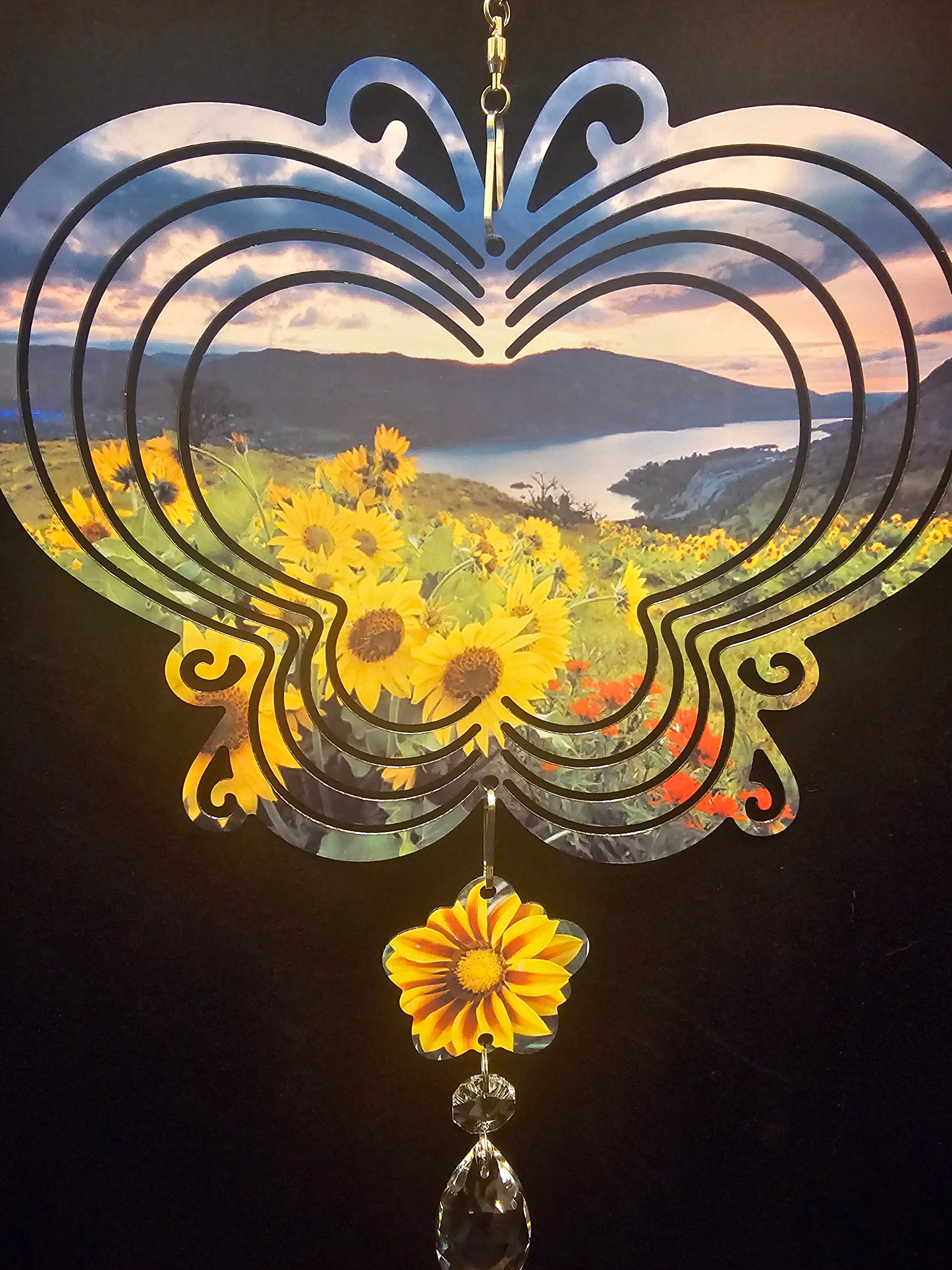 Butterfly Shaped Wind Spinner with a Field of Sunflowers