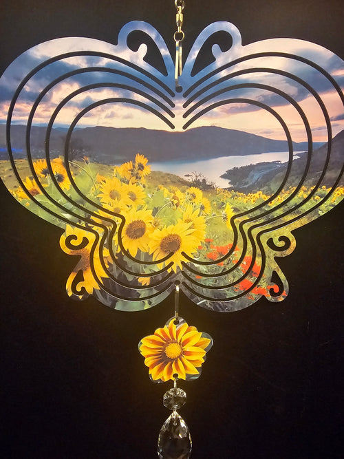 Butterfly Shaped Wind Spinner with a Field of Sunflowers