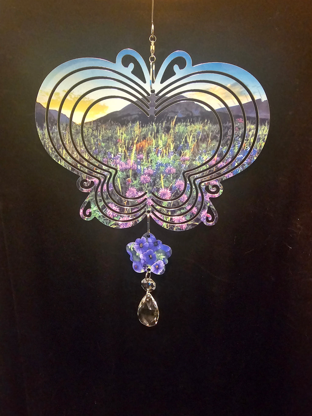 Butterfly Shaped Wind Spinner with a Field of Lavender Flowers