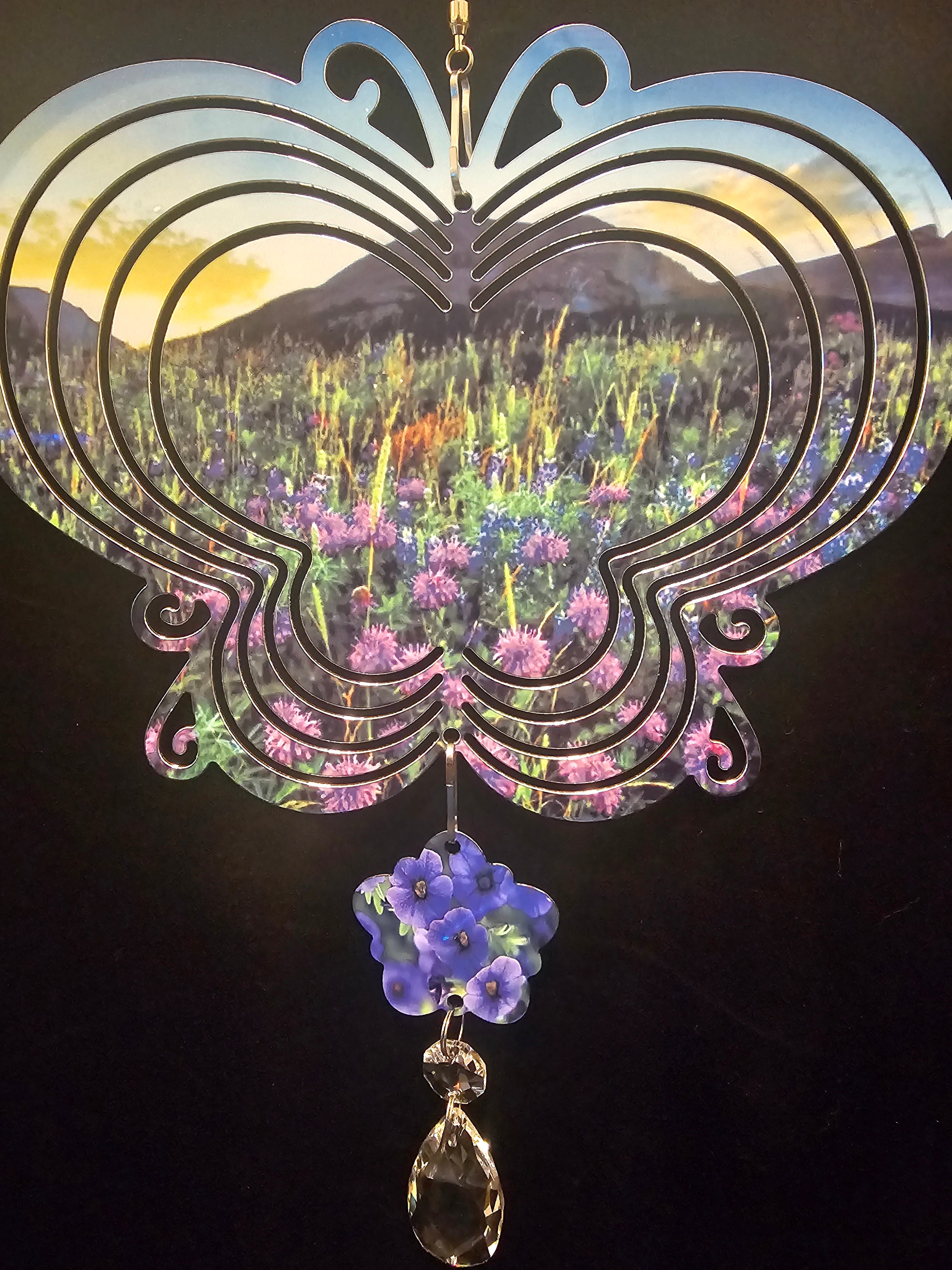 Butterfly Shaped Wind Spinner with a Field of Lavender Flowers