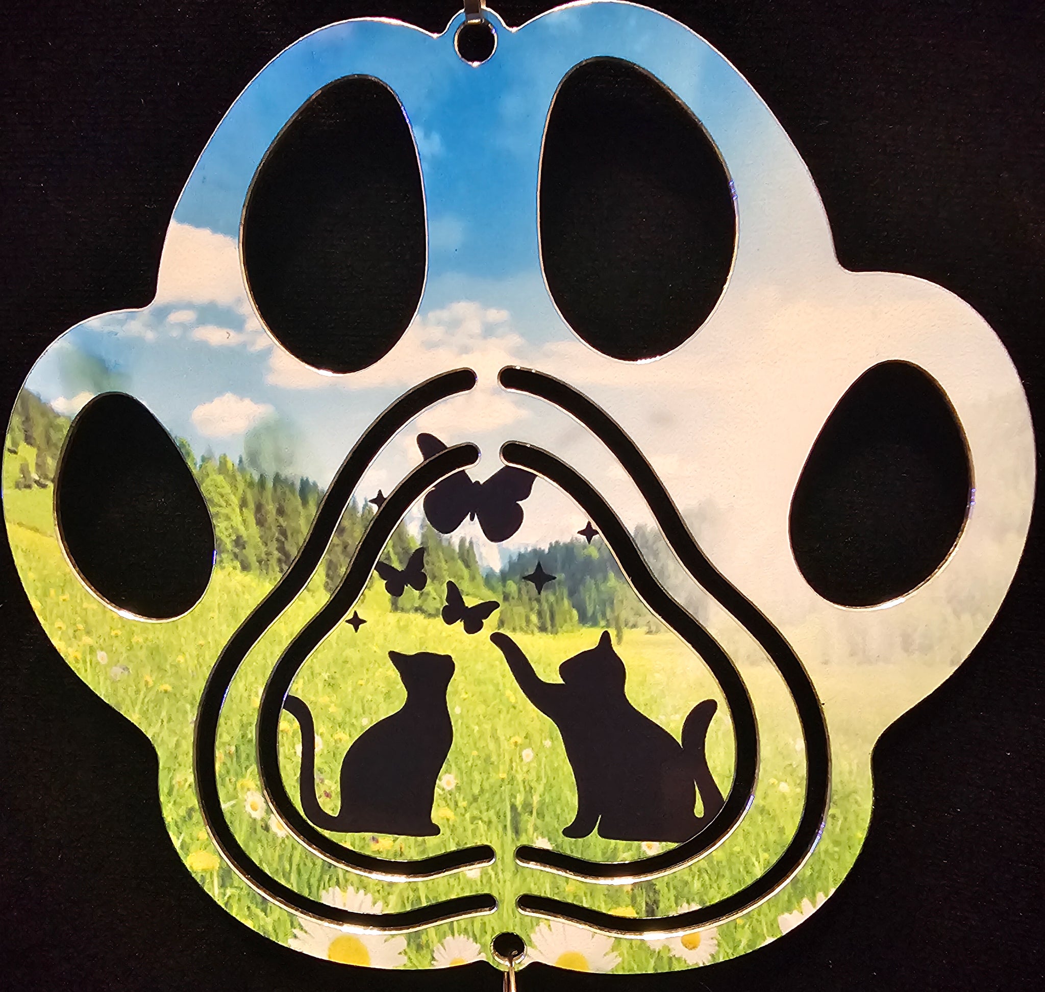 Paw Print Cats Playing With Butterflies In a Meadow Wind Spinner