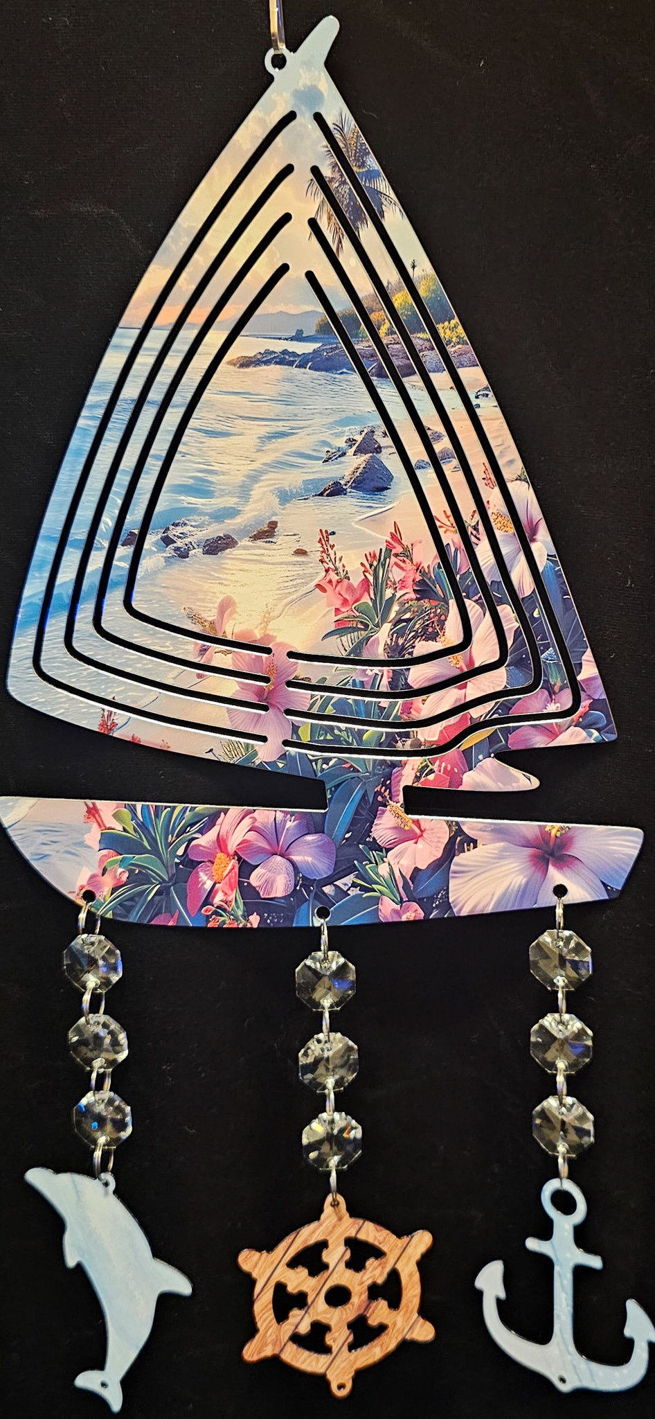 Sailboat Beach and Tropical Flowers Wind Spinner