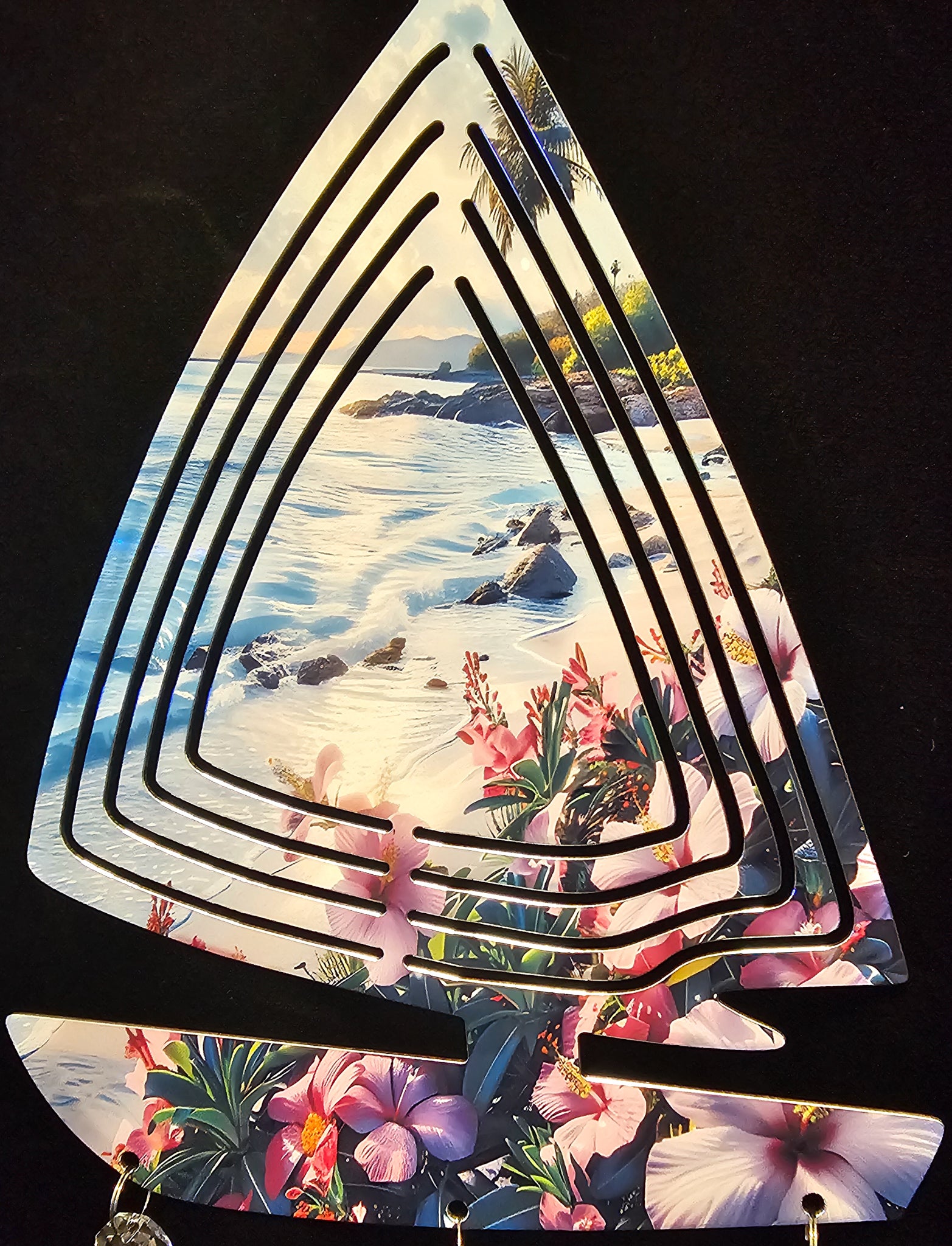 Sailboat Beach and Tropical Flowers Wind Spinner